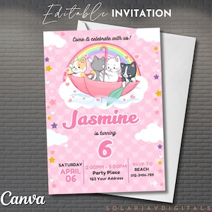 Editable Cat Invitation Digital Pink Kitten Party Invite Cute Cat Birthday Template Adorable Kitten Evite