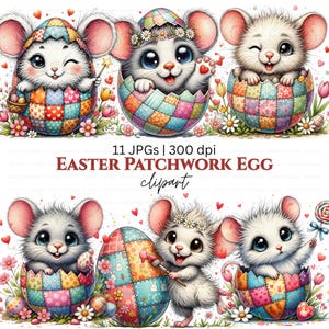 Könnte beinhalten: Eine Sammlung entzückender Cartoon-Mäuse in Patchwork-Ostereiern. Die Eier sind mit bunten Quadraten verziert und von Blumen und Herzen umgeben. Das Bild enthält den Text "EASTER PATCHWORK EGG clipart".