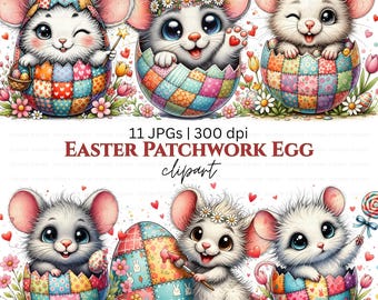 Clipart Pasen-patchworkmuis: illustratie gewatteerd ei, stoftextuur, sublimatieontwerp, commercieel gebruik