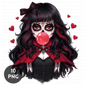 May include: Illustration of a girl with black hair with red highlights, wearing a red cape and a black dress. She has sugar skull makeup and is blowing a red bubble. Red hearts float around her.