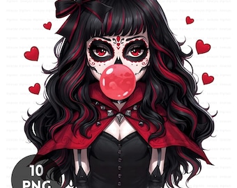 Clipart di ragazza elfa vampira gotica di San Valentino, arte fantasy dark con teschio di zucchero 300 DPI, uso commerciale