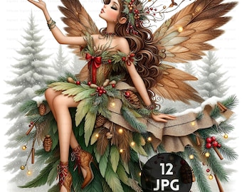 Kerstfee clipart, rustieke bosrijke vakantie graphics, vintage winter illustraties, digitale download, commercieel gebruik