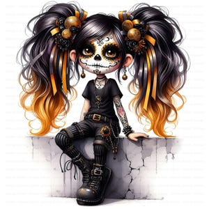 Gothic Halloween gnome girl clipart set with gold and black hoodies, spooky cute pigtails, and fall outfits for seasonal crafts. commercial use, cute girl clipart, digital download, junk journal girl, mixed media clipart, planner girl clipart, quirky girl clipart, whimsical clipart, gothic clipart, halloween clipart, day of the dead, skull clipart, gnome clipart, fantasy clipart, fairy clipart, gothic girl clipart, spooky cute graphic, goth party clipart, skull makeup, seasonal clipart, digitals