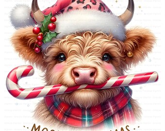 Watercolor Pink Leopard Highland Cow JPG: Girly Christmas Commercial Use Clipart Design