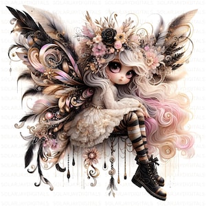 Butterfly Fairy Clipart, Set of 10 High Resolution 300 DPI JPG Fall Autumn Winged Fairy, Fantasy Soft Pink & Black Theme for Sublimation