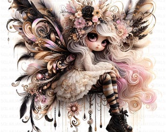 Butterfly Fairy Clipart: Fall Fantasy, Pink & Black Theme (10 JPGs, Digital Download, Commercial Use)