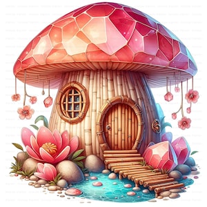 MUSHROOM HOUSE Clipart, Pink Fairy Mushroom House Clipart, Watercolor Clipart, Digital Clip Art, Clipart Bundle, Set of 10, Commercial Use