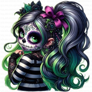 Cute Sugar Skull Gnome Girl Clipart, Set of 10 High Resolution 300 DPI JPG, Halloween Day of the Dead Art for Paper Craft and Commercial Use