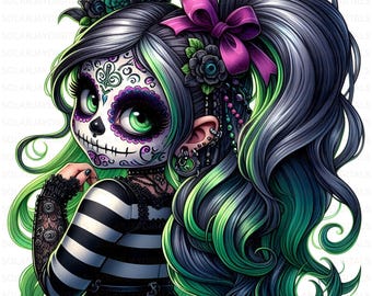 Gothic Sugar Skull Gnome Girl Clipart, Punk Girl, Day of the Dead (300 DPI JPG)