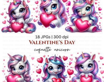 Coquette Valentine eenhoorns knuffelen hart Clipart, 18 JPG, 300 DPI, Digitale download, Commercieel gebruik