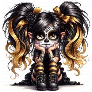 Gothic Halloween gnome girl clipart set with gold and black hoodies, spooky cute pigtails, and fall outfits for seasonal crafts. commercial use, cute girl clipart, digital download, junk journal girl, mixed media clipart, planner girl clipart, quirky girl clipart, whimsical clipart, gothic clipart, halloween clipart, day of the dead, skull clipart, gnome clipart, fantasy clipart, fairy clipart, gothic girl clipart, spooky cute graphic, goth party clipart, skull makeup, seasonal clipart, digitals