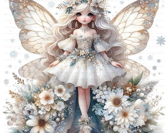 Winter Fairy Clipart: Snowflake Butterfly Girls, Fantasy Art (10 JPGs, Digital Download, Commercial Use)
