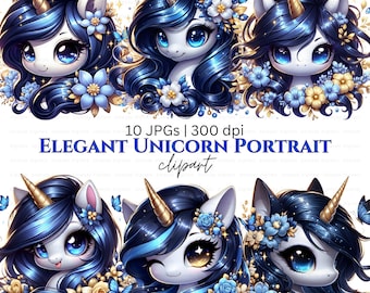 Royal Blue Unicorn clipart gouden bloemen fantasie pony, digitale download, sublimatie design, commercieel gebruik