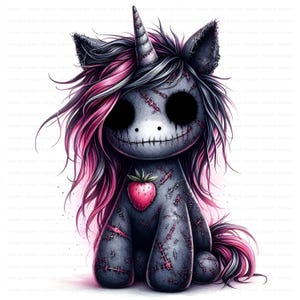 Gothic Strawberry Unicorn Clipart: Spooky Stitched (10 JPGs, Digital Download, Commercial Use)