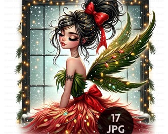 Clipart kerstfee: grillige roodgroene winterelfvakantiekunst (digitale download, commercieel gebruik)