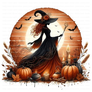 Paquete de imágenes prediseñadas de brujas de Halloween: Calabazas espeluznantes y velas (10 archivos JPG, descarga digital, uso comercial)