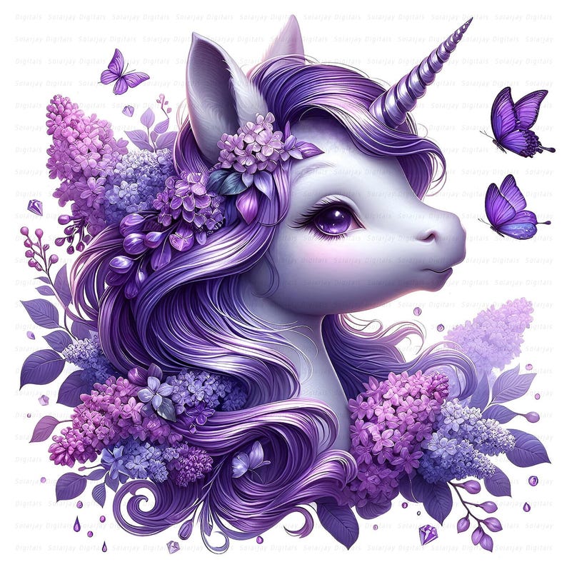 Purple Floral Unicorn Clipart Bundle: Fantasy Art, Digital Download ...