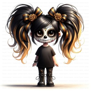Gothic Halloween gnome girl clipart set with gold and black hoodies, spooky cute pigtails, and fall outfits for seasonal crafts. commercial use, cute girl clipart, digital download, junk journal girl, mixed media clipart, planner girl clipart, quirky girl clipart, whimsical clipart, gothic clipart, halloween clipart, day of the dead, skull clipart, gnome clipart, fantasy clipart, fairy clipart, gothic girl clipart, spooky cute graphic, goth party clipart, skull makeup, seasonal clipart, digitals