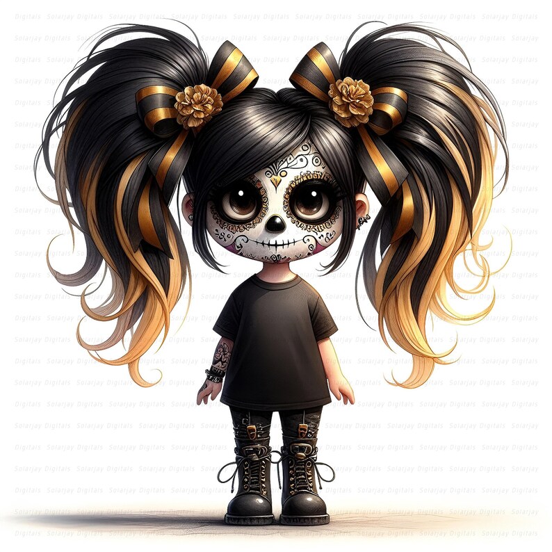 Gothic Halloween gnome girl clipart set with gold and black hoodies, spooky cute pigtails, and fall outfits for seasonal crafts. commercial use, cute girl clipart, digital download, junk journal girl, mixed media clipart, planner girl clipart, quirky girl clipart, whimsical clipart, gothic clipart, halloween clipart, day of the dead, skull clipart, gnome clipart, fantasy clipart, fairy clipart, gothic girl clipart, spooky cute graphic, goth party clipart, skull makeup, seasonal clipart, digitals