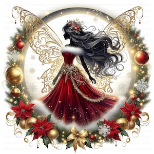 Red & Gold Christmas Fairy Clipart: Holiday Digital Art (10 JPGs, Digital Download, Commercial Use)