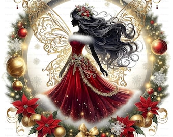 May include: A digital illustration of a fairy in a red dress with gold accents and ornate gold wings. The fairy is surrounded by a Christmas wreath with red poinsettias, gold ornaments, and a gold bow. The background is a soft white with snowflakes.