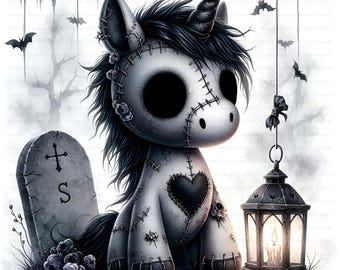 Halloween-eenhoorn clipartbundel, griezelig gestikte pony jpg's (digitale download, sublimatie, ontwerp voor commercieel gebruik)