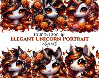 Eenhoorn clipart herfst bloemen vlinders: zwart-oranje kawaii set, digitale download, sublimatie ontwerp, commercieel gebruik