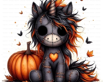 Gothic herfst Unicorn Pumpkin clipartbundel, spookachtige digitale kunst, Halloween-sublimatieontwerpen, commercieel gebruik