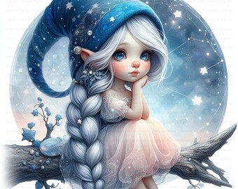 Winter Gnome Girl Clipart: Starry Night JPGs, Digital Download, Set of 10 High-Res Images