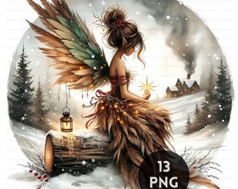 Christmas Fairy Clipart, Rustic Woodland Holiday Graphics, Vintage Winter Illustrations, Digital Download, Commercial Use