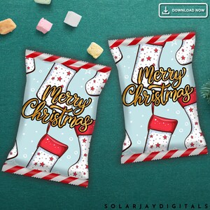 Merry Christmas Chip Bag Template Holiday Party Favor Bag Printable Treat Bag Christmas Digital Wrapper DIY Xmas Snack Bag
