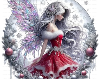 May include: A digital illustration of a winter fairy with long silver hair and iridescent wings. She wears a red dress with white fur trim, surrounded by a wreath of pine, ornaments, and snowflakes. The background features a circular design with more snowflakes.