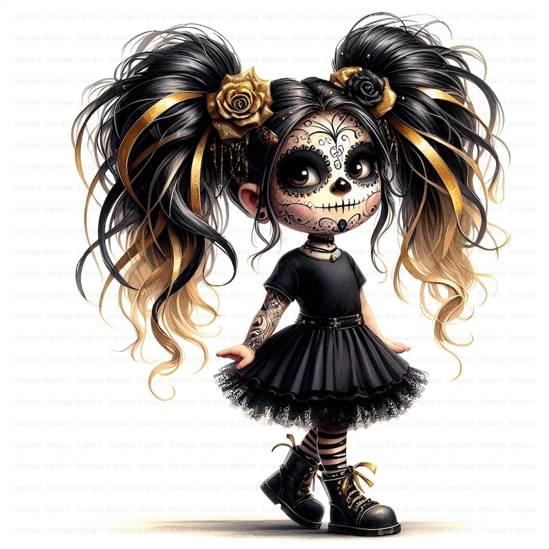 Gothic Halloween gnome girl clipart set with gold and black hoodies, spooky cute pigtails, and fall outfits for seasonal crafts. commercial use, cute girl clipart, digital download, junk journal girl, mixed media clipart, planner girl clipart, quirky girl clipart, whimsical clipart, gothic clipart, halloween clipart, day of the dead, skull clipart, gnome clipart, fantasy clipart, fairy clipart, gothic girl clipart, spooky cute graphic, goth party clipart, skull makeup, seasonal clipart, digitals