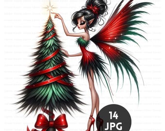 Clipart kerstfee: grillige roodgroene winterelfvakantiekunst (digitale download, commercieel gebruik)
