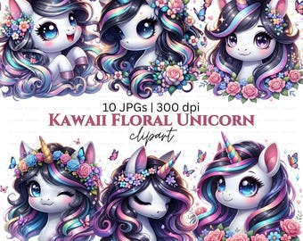 Pastel kawaii bloemen eenhoorn portret clipart: regenboog manen, digitale download, sublimatieontwerp, commercieel gebruik