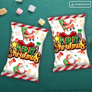 Christmas Chip Bag Template Printable Santa Snack Bag Wrapper Xmas Party Favor Treat Bag Holiday Digital Download