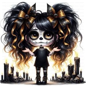 Gothic Halloween gnome girl clipart set with gold and black hoodies, spooky cute pigtails, and fall outfits for seasonal crafts. commercial use, cute girl clipart, digital download, junk journal girl, mixed media clipart, planner girl clipart, quirky girl clipart, whimsical clipart, gothic clipart, halloween clipart, day of the dead, skull clipart, gnome clipart, fantasy clipart, fairy clipart, gothic girl clipart, spooky cute graphic, goth party clipart, skull makeup, seasonal clipart, digitals