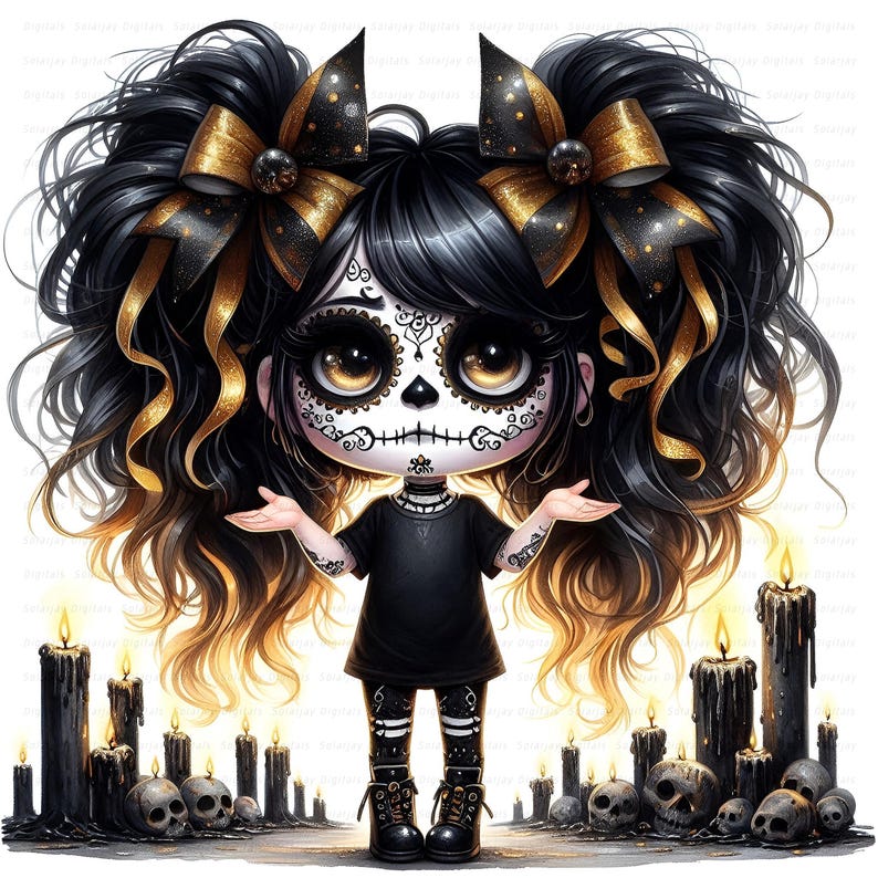 Gothic Halloween gnome girl clipart set with gold and black hoodies, spooky cute pigtails, and fall outfits for seasonal crafts. commercial use, cute girl clipart, digital download, junk journal girl, mixed media clipart, planner girl clipart, quirky girl clipart, whimsical clipart, gothic clipart, halloween clipart, day of the dead, skull clipart, gnome clipart, fantasy clipart, fairy clipart, gothic girl clipart, spooky cute graphic, goth party clipart, skull makeup, seasonal clipart, digitals