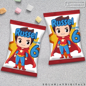 Superhero Birthday Chip Bag Editable Party Favor DIY Printable Snack Bag