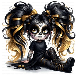 Gothic Halloween gnome girl clipart set with gold and black hoodies, spooky cute pigtails, and fall outfits for seasonal crafts. commercial use, cute girl clipart, digital download, junk journal girl, mixed media clipart, planner girl clipart, quirky girl clipart, whimsical clipart, gothic clipart, halloween clipart, day of the dead, skull clipart, gnome clipart, fantasy clipart, fairy clipart, gothic girl clipart, spooky cute graphic, goth party clipart, skull makeup, seasonal clipart, digitals