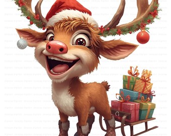 Christmas Reindeer Clipart: 14 PNG Santa Hat Deer, Gift Sled Holiday Graphics (Commercial Use)