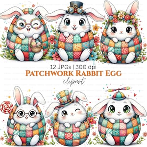 Pode incluir: Uma imagem de clipart digital com seis adoráveis coelhos de desenho animado aninhados em ovos de Páscoa de patchwork. Os ovos são decorados com quadrados coloridos e rodeados por flores. A imagem inclui o texto "PATCHWORK RABBIT EGG clipart".