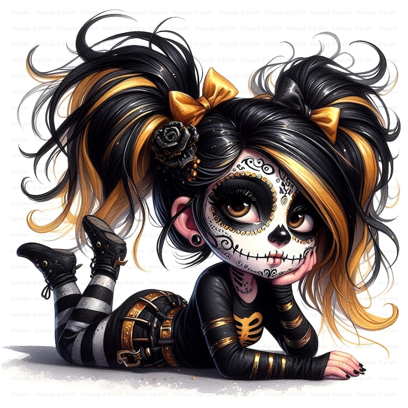 Gothic Halloween gnome girl clipart set with gold and black hoodies, spooky cute pigtails, and fall outfits for seasonal crafts. commercial use, cute girl clipart, digital download, junk journal girl, mixed media clipart, planner girl clipart, quirky girl clipart, whimsical clipart, gothic clipart, halloween clipart, day of the dead, skull clipart, gnome clipart, fantasy clipart, fairy clipart, gothic girl clipart, spooky cute graphic, goth party clipart, skull makeup, seasonal clipart, digitals