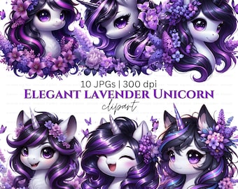 Kawaii bloemen eenhoorn clipart: lavendelbloemen, fantasievlinders, digitale download, sublimatieontwerp, commercieel gebruik