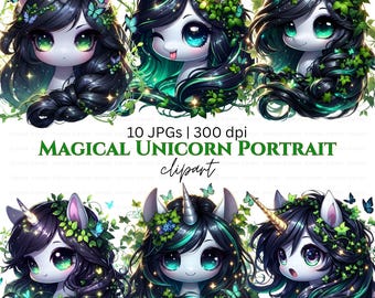 Clipart Dark Forest Unicorn: zwarte manen, groene klimop, Goth Fantasy, digitale download, commercieel gebruik