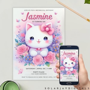 Editable Cat Invitation Digital Pink Kitten Party Invitation Cute Girly Cat Birthday Invitation for Girls Birthday Part Celebration