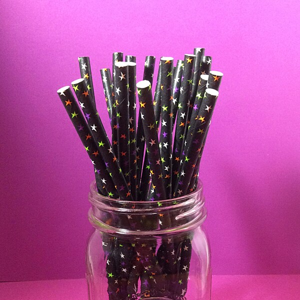 Paper Straws - Black with Orang, Purple ,Lime green,  White,  Stars