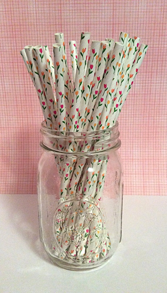 Paper Straws White with pink and yellow Tulips Etsy