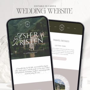 Könnte beinhalten: Zwei Smartphones mit einer Hochzeits-Website-Vorlage. Die Bildschirme zeigen den Text "EDITABLE IN CANVA WEDDING WEBSITE", "ASHER & KRISTEN" und "TRAVEL DETAILS". Das Design umfasst eine Seenlandschaft, elegante Typografie und eine dunkelgrüne Kopfzeile.