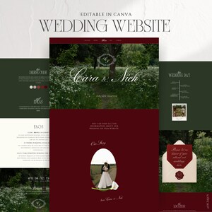 Elegante Hochzeitswebseite-Vorlage, dunkelgrüne und burgunderrote Blumenoptik, moderne Canva-Webseitenvorlage zum Anpassen, schicke Luxusvorlage
